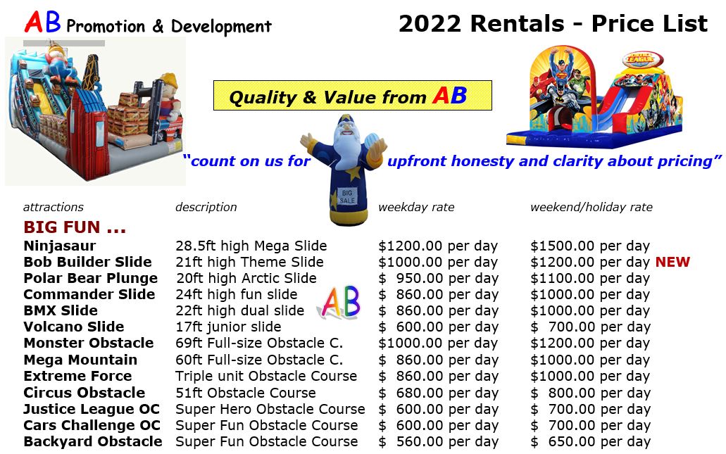 pricelist inflatable rentals